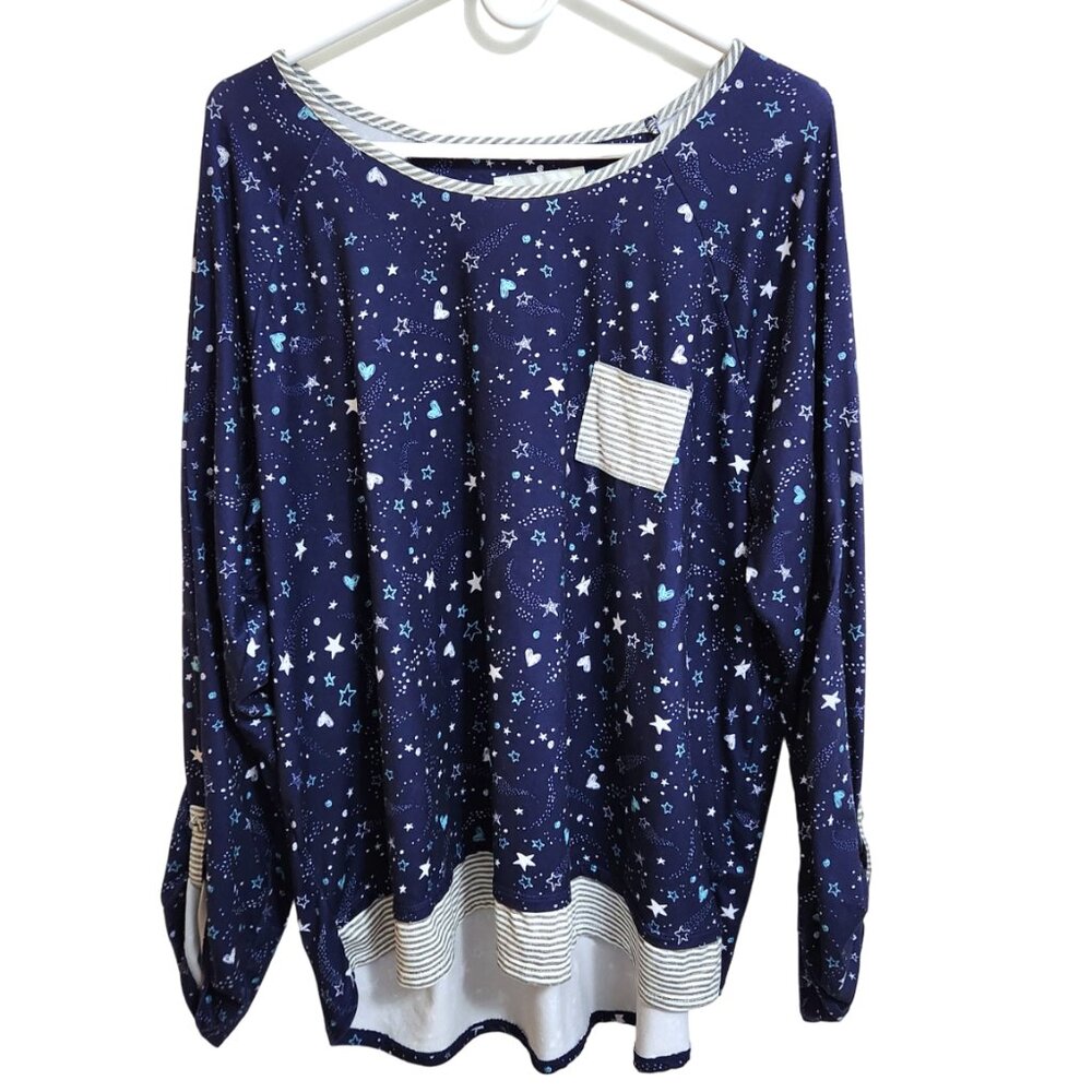 Cuddl Duds Scoop Neck Long Sleeved Blue Celestial Print Lounge Pajama Top Sz XXL